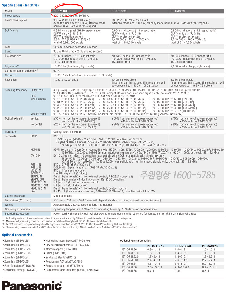 파나소닉 10,600안시 3칩DLP WUXGA 중고빔프로젝터/ PT-DZ110X /PT-DS100X